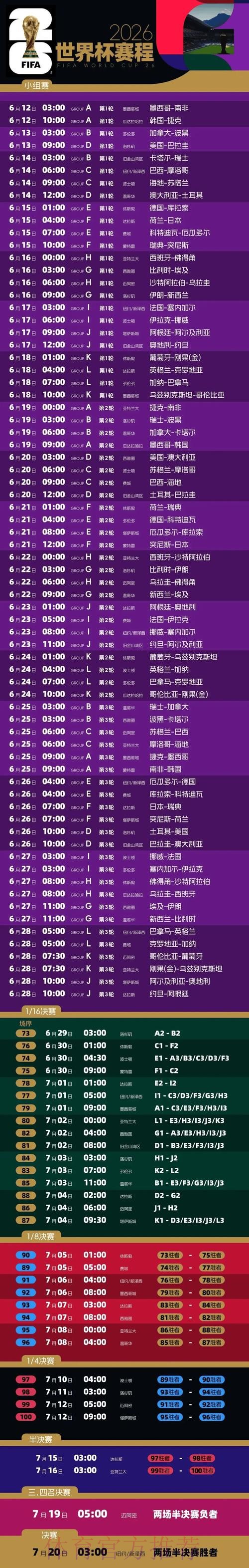 2026世界杯每日赛程今日完整安排实时查看